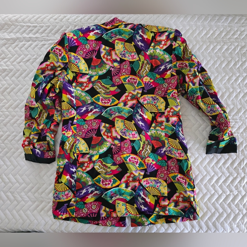 Vintage 100% Silk Dana Buchman Multicolor Fan Pattern Blazer - Picture 3 of 10